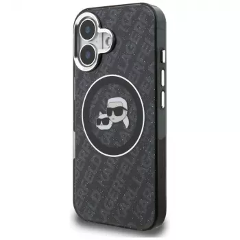 Husă Karl Lagerfeld IML Glitter Karl & Choupette Heads Logo MagSafe pentru iPhone 16, neagră
