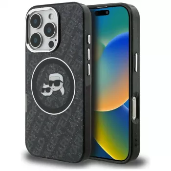 Husă KARL LAGERFELD IML Glitter Karl & Choupette Heads Logo MagSafe pentru iPhone 16 Pro Max, neagră