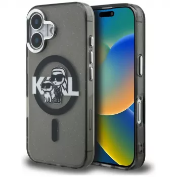 Husă KARL LAGERFELD IML Glitter Karl & Choupette Sketch Logo MagSafe pentru iPhone 16 neagră