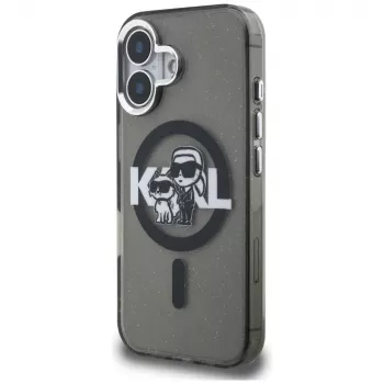 Husă KARL LAGERFELD IML Glitter Karl & Choupette Sketch Logo MagSafe pentru iPhone 16 neagră