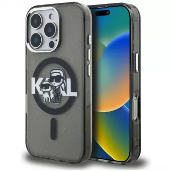 Husă Karl Lagerfeld IML Glitter Karl & Choupette Sketch Logo MagSafe pentru iPhone 16 Pro neagră