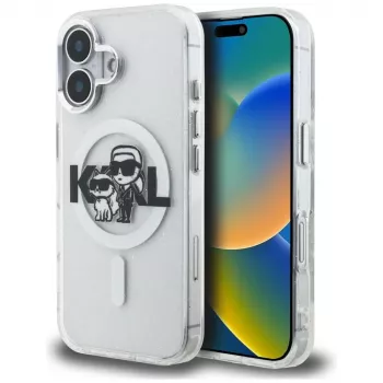 Husă MagSafe Karl Lagerfeld IML Glitter Karl & Choupette Sketch Logo pentru iPhone 16, transparentă