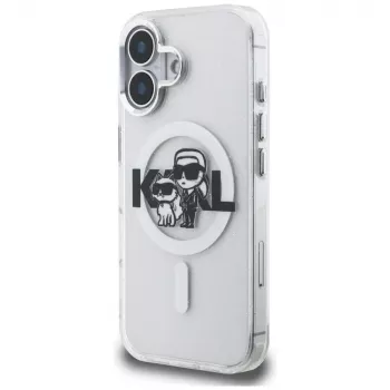 Husă MagSafe Karl Lagerfeld IML Glitter Karl & Choupette Sketch Logo pentru iPhone 16, transparentă