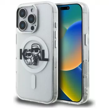 Husă MagSafe KARL LAGERFELD IML Glitter Karl & Choupette Sketch Logo pentru iPhone 16 Pro, transparentă