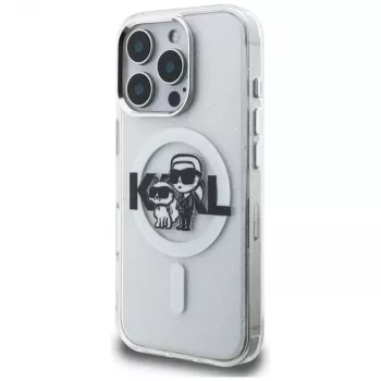 Husă MagSafe KARL LAGERFELD IML Glitter Karl & Choupette Sketch Logo pentru iPhone 16 Pro, transparentă