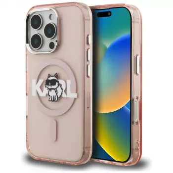 Husă MagSafe Karl Lagerfeld IML Choupette Sketch Logo pentru iPhone 16 Pro, roz
