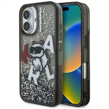 Husă KARL LAGERFELD Liquid Glitter Choupette Logo pentru iPhone 16, neagră