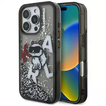 Husă KARL LAGERFELD Liquid Glitter Choupette Logo pentru Apple iPhone 16 Pro Max - neagră