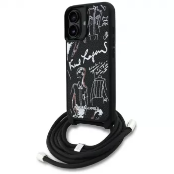 Husă crossbody Karl Lagerfeld GrainedPattern & Logo pentru iPhone 16, neagră