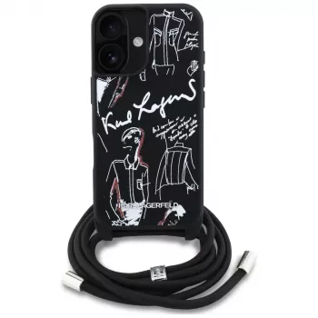 Husă crossbody Karl Lagerfeld GrainedPattern & Logo pentru iPhone 16, neagră