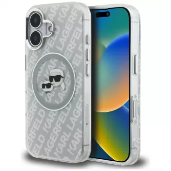 Husă MagSafe KARL LAGERFELD IML Glitter Karl & Choupette Heads Logo pentru iPhone 16, gri