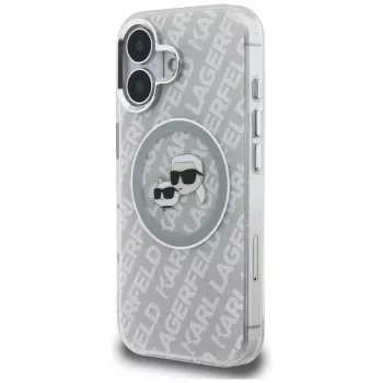 Husă MagSafe KARL LAGERFELD IML Glitter Karl & Choupette Heads Logo pentru iPhone 16, gri