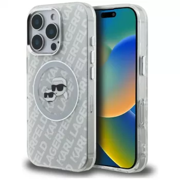 Husă MagSafe KARL LAGERFELD IML Glitter Karl & Choupette Heads Logo pentru iPhone 16 Pro, gri