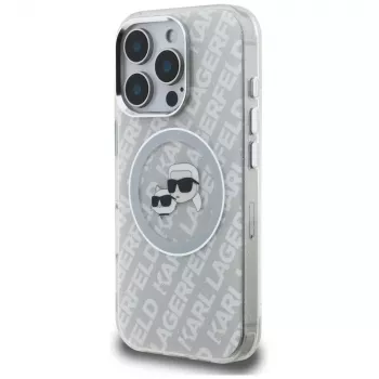 Husă MagSafe KARL LAGERFELD IML Glitter Karl & Choupette Heads Logo pentru iPhone 16 Pro, gri