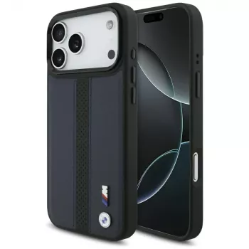 Husă MagSafe BMW M Perforated Stripe Logo pentru iPhone 17 Pro Max, bleumarin