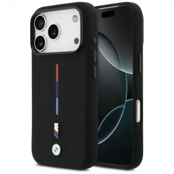 Husă MagSafe BMW M Silicon Tricolor Line pentru iPhone 17 Pro, neagră