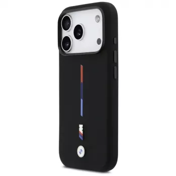 Husă MagSafe BMW M Silicon Tricolor Line pentru iPhone 17 Pro, neagră