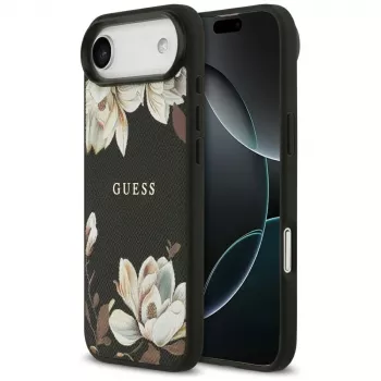 Husă MagSafe Guess Grained Flowers Classic Logo pentru Apple iPhone Air - neagră