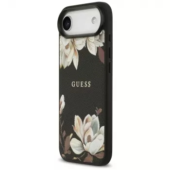 Husă MagSafe Guess Grained Flowers Classic Logo pentru Apple iPhone Air - neagră