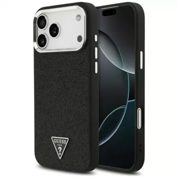 Husă MagSafe Guess Glitter Triangle Logo pentru iPhone 17 Pro Max, neagră
