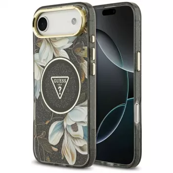 Husă Guess IML Glitter Flowers Triangle MagSafe pentru iPhone Air - neagră
