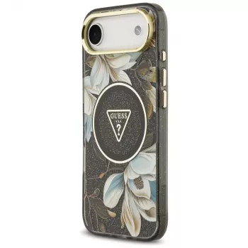 Husă Guess IML Glitter Flowers Triangle MagSafe pentru iPhone Air - neagră