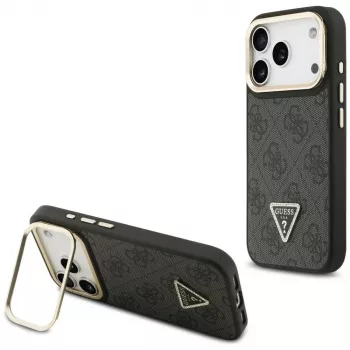 Husă MagSafe Guess 4G PU Triangle Logo & Stand Camera pentru iPhone 17 Pro, neagră