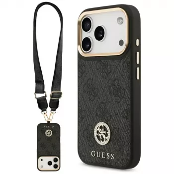 Husă MagSafe Guess 4G Strass Logo & Big Strap Metal Buttons pentru iPhone 17 Pro neagră