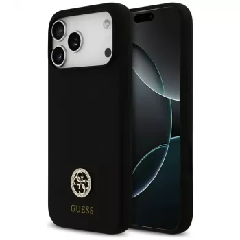 Husă MagSafe Guess Silicone Logo Strass 4G pentru iPhone 17 Pro Max, neagră