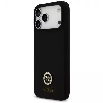 Husă MagSafe Guess Silicone Logo Strass 4G pentru iPhone 17 Pro Max, neagră