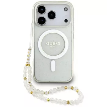 Husă MagSafe Guess IML Glitter Pearl Strap pentru iPhone 17 Pro, transparent