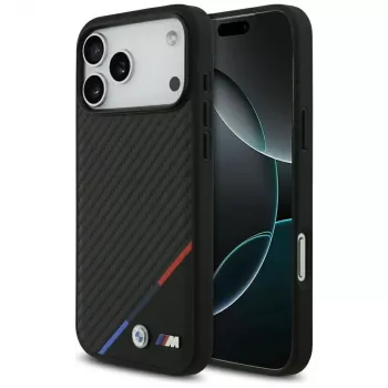 Husă MagSafe BMW M Carbon Tricolor Line pentru iPhone 17 Pro Max, neagră
