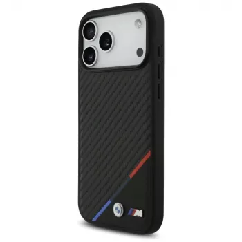 Husă MagSafe BMW M Carbon Tricolor Line pentru iPhone 17 Pro Max, neagră