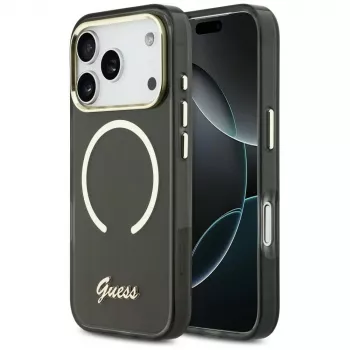 Husă MagSafe metalică Guess IML Script pentru Apple iPhone 17 Pro, neagră