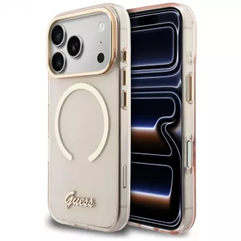 Husă Guess IML Script Metal MagSafe pentru iPhone 15 Pro, roz
