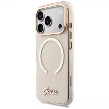Husă Guess IML Script Metal MagSafe pentru iPhone 15 Pro, roz