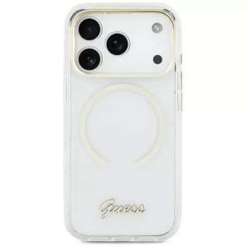 Husă MagSafe metalică Guess IML Script pentru iPhone Air, transparent