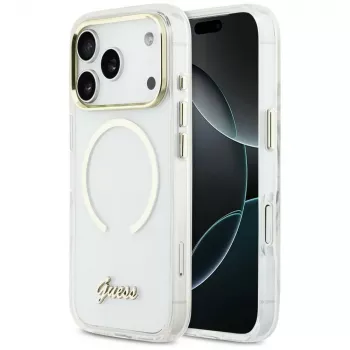 Husă Guess IML Script Metal MagSafe pentru iPhone 17 Pro, transparentă