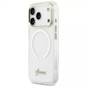 Husă Guess IML Script Metal MagSafe pentru iPhone 17 Pro, transparentă
