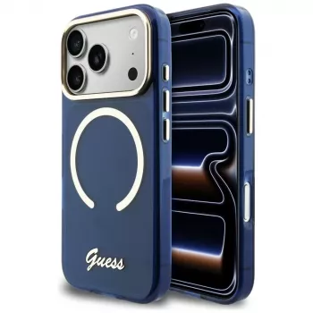 Husă MagSafe metalică Guess IML Script pentru iPhone 17 Pro, albastru