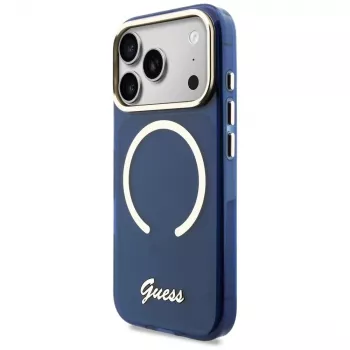 Husă MagSafe metalică Guess IML Script pentru iPhone 17 Pro, albastru