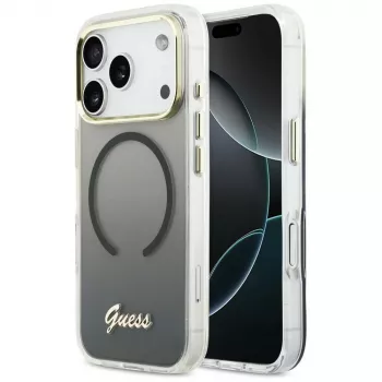 Husă MagSafe metalică Guess IML Gradient Script pentru Apple iPhone 17 Pro, neagră