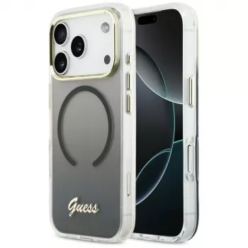 Husă MagSafe metalică Guess IML Gradient Script pentru Apple iPhone 17 Pro Max, neagră