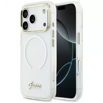 Husă MagSafe metalică Guess IML Gradient Script pentru Apple iPhone 17 Pro, albă