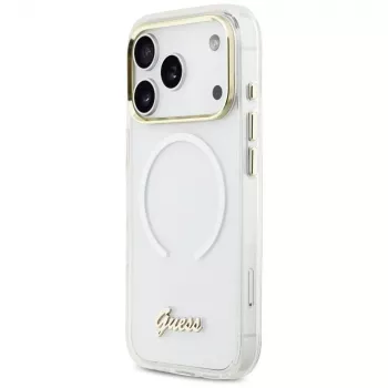 Husă MagSafe metalică Guess IML Gradient Script pentru Apple iPhone 17 Pro, albă