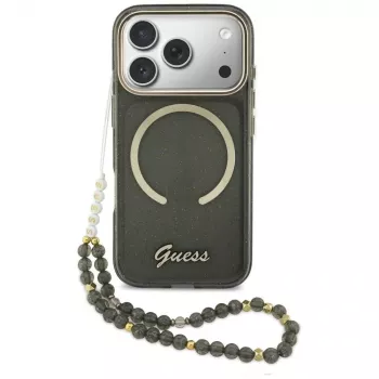 Husă MagSafe Guess IML Glitters Script Strap pentru iPhone 17 Pro, neagră