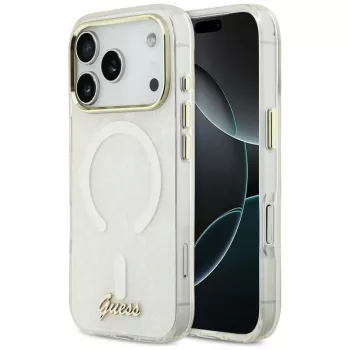Husă Guess IML Shell Script Metal MagSafe pentru iPhone 17 Pro Max, albă