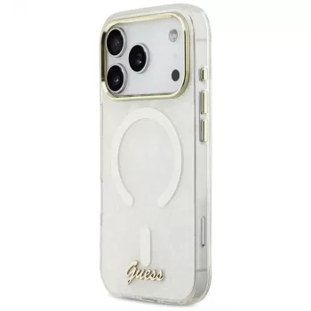Husă Guess IML Shell Script Metal MagSafe pentru iPhone 17 Pro Max, albă