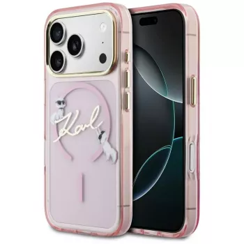 Husă MagSafe Karl Lagerfeld IML Choupettes KarlScript Logo pentru Apple iPhone 17 Pro, roz