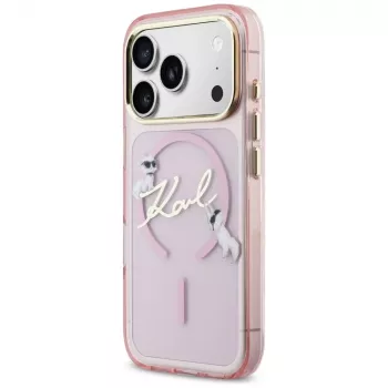 Husă MagSafe Karl Lagerfeld IML Choupettes KarlScript Logo pentru Apple iPhone 17 Pro, roz